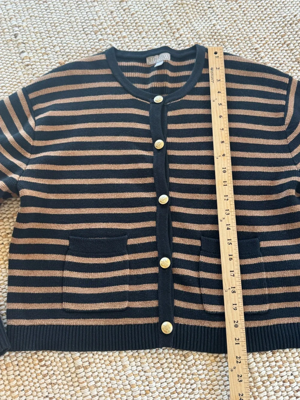 J.Crew Relaxed Emilie sweater lady jacket stripe black heather camel size large